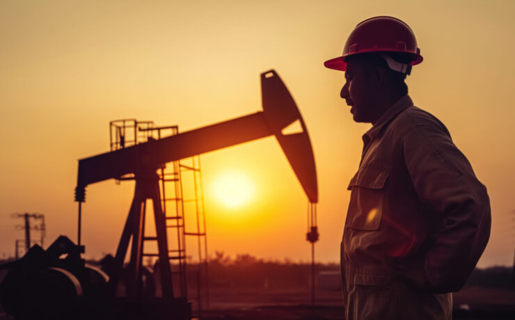 Worker and oil rig in sunset, created with Generative AI technology
